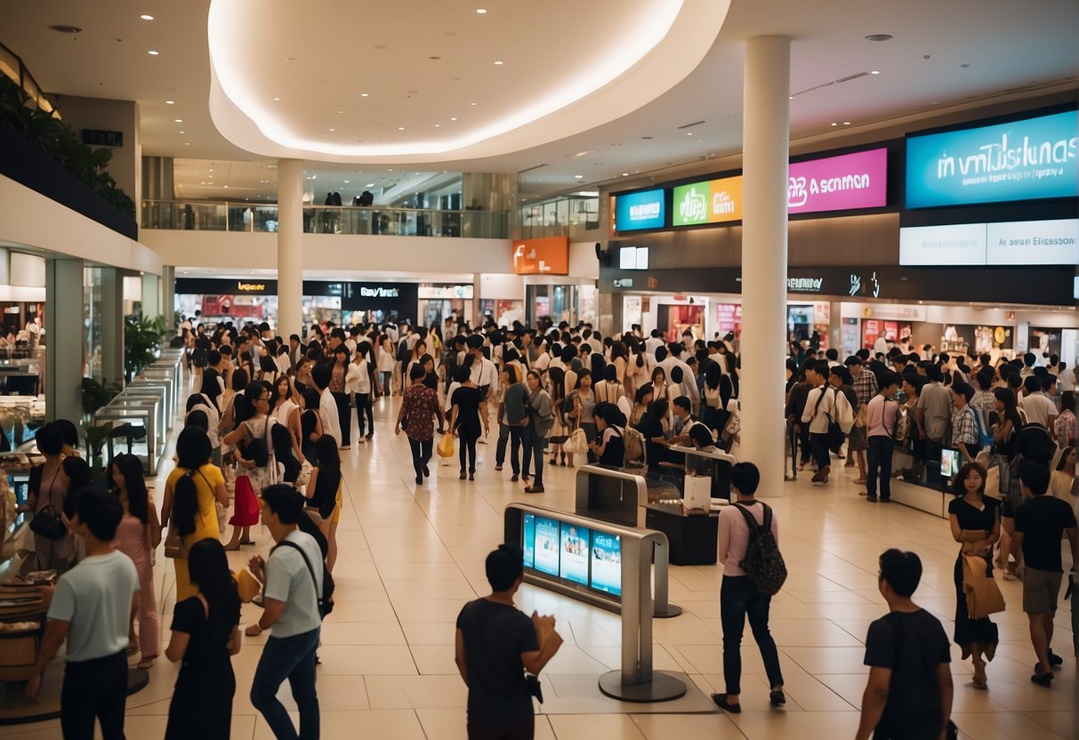 Brightly lit storefront with colorful displays of clothing, large promotional banners, and a crowd of shoppers in a bustling Singapore mall