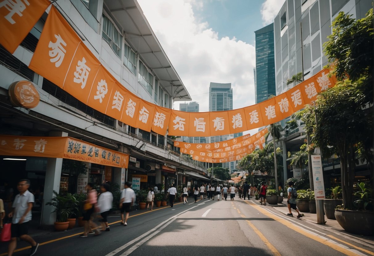 A bustling city street in Singapore with colorful banners and signs promoting various events and businesses