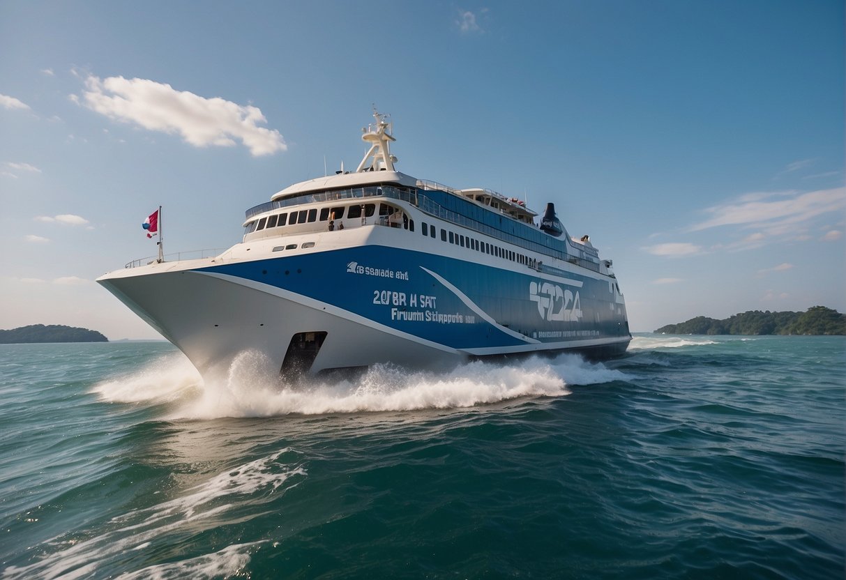 A fast ferry sails across the water, with a prominent "2024 Batam Fast Promo Singapore" banner displayed on its side. The ferry is surrounded by clear blue skies and calm seas