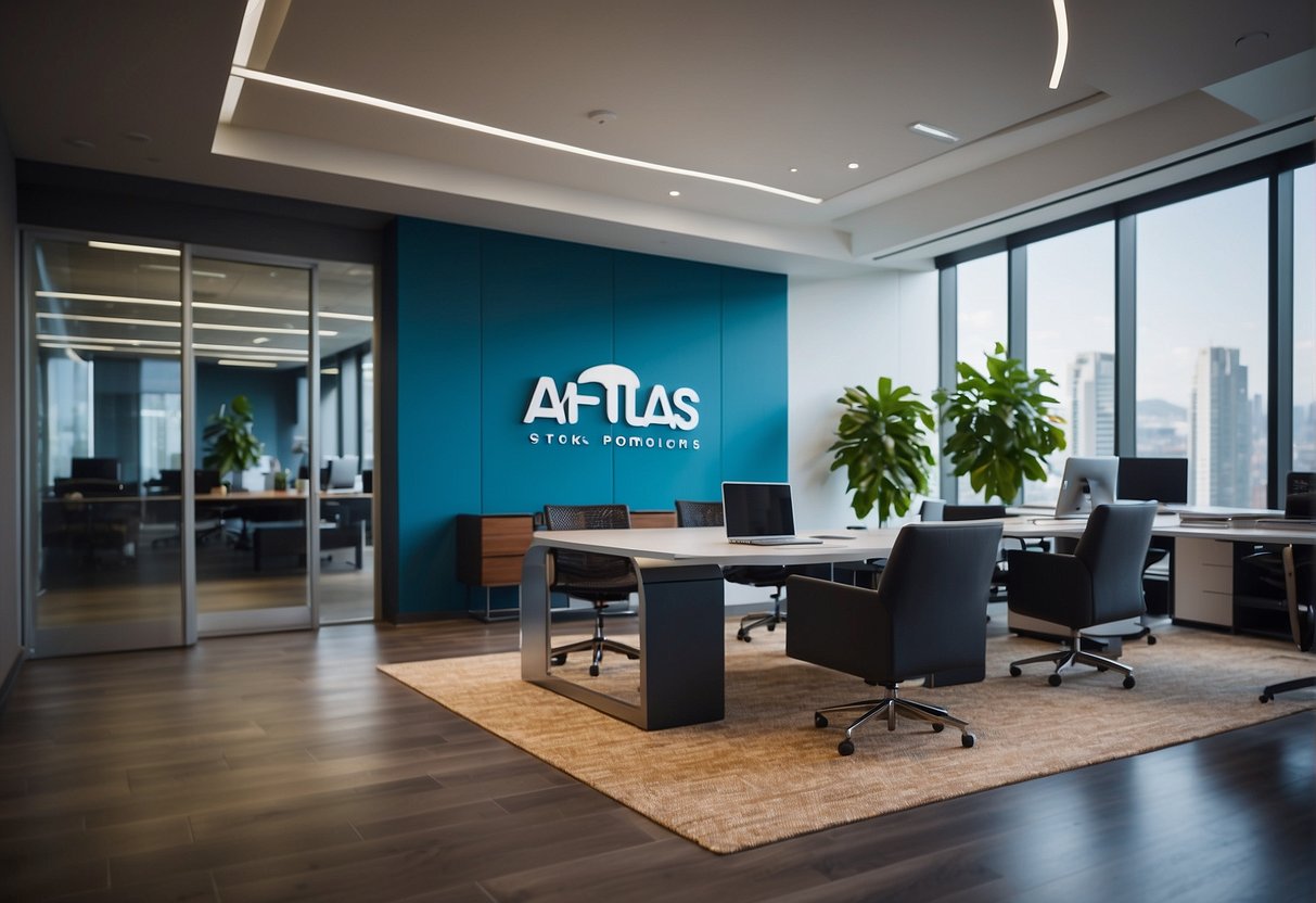 A sleek, modern office space with the Atlas Promotions logo prominently displayed on a large screen. Bright, vibrant colors and an atmosphere of excitement and energy