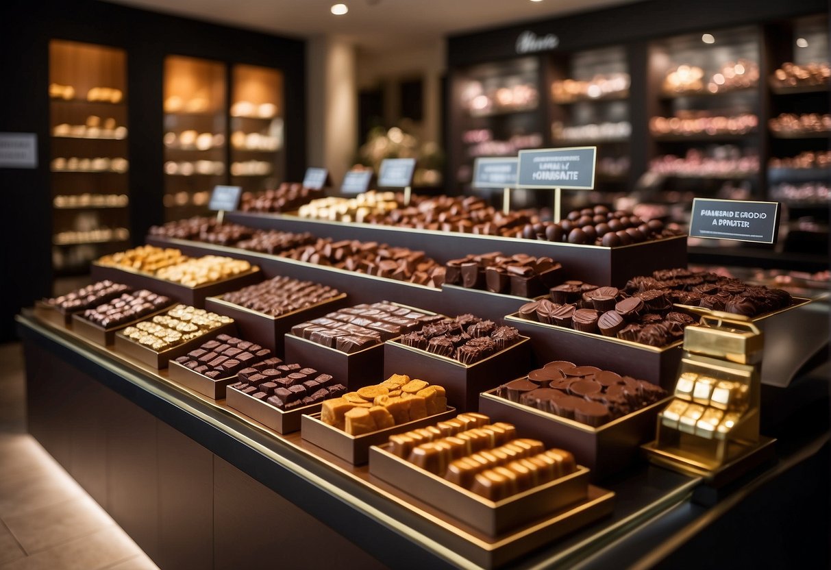 A display of decadent chocolate treats with promotional signage at an Awfully Chocolate store in Singapore