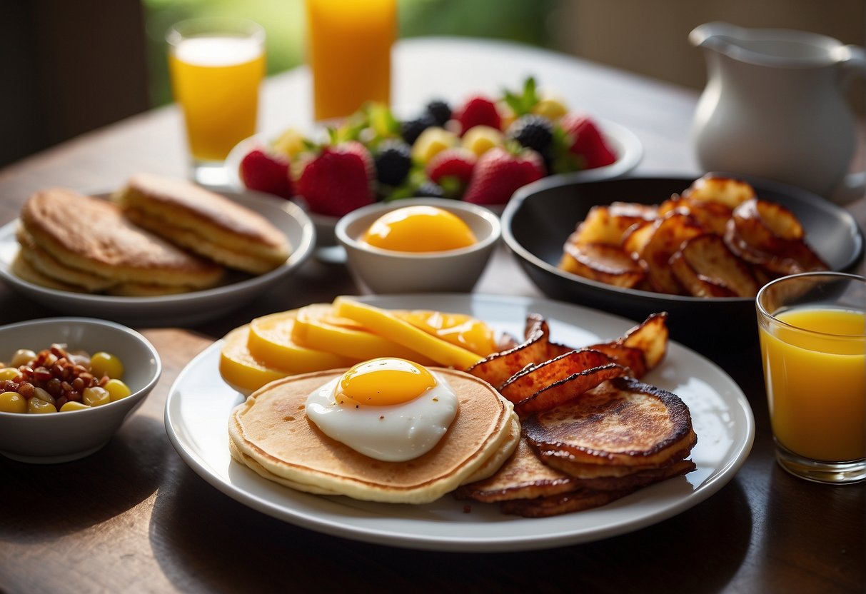 A bountiful breakfast spread with a variety of dishes, from fluffy pancakes to sizzling bacon, presented on a table with colorful tableware and fresh fruits