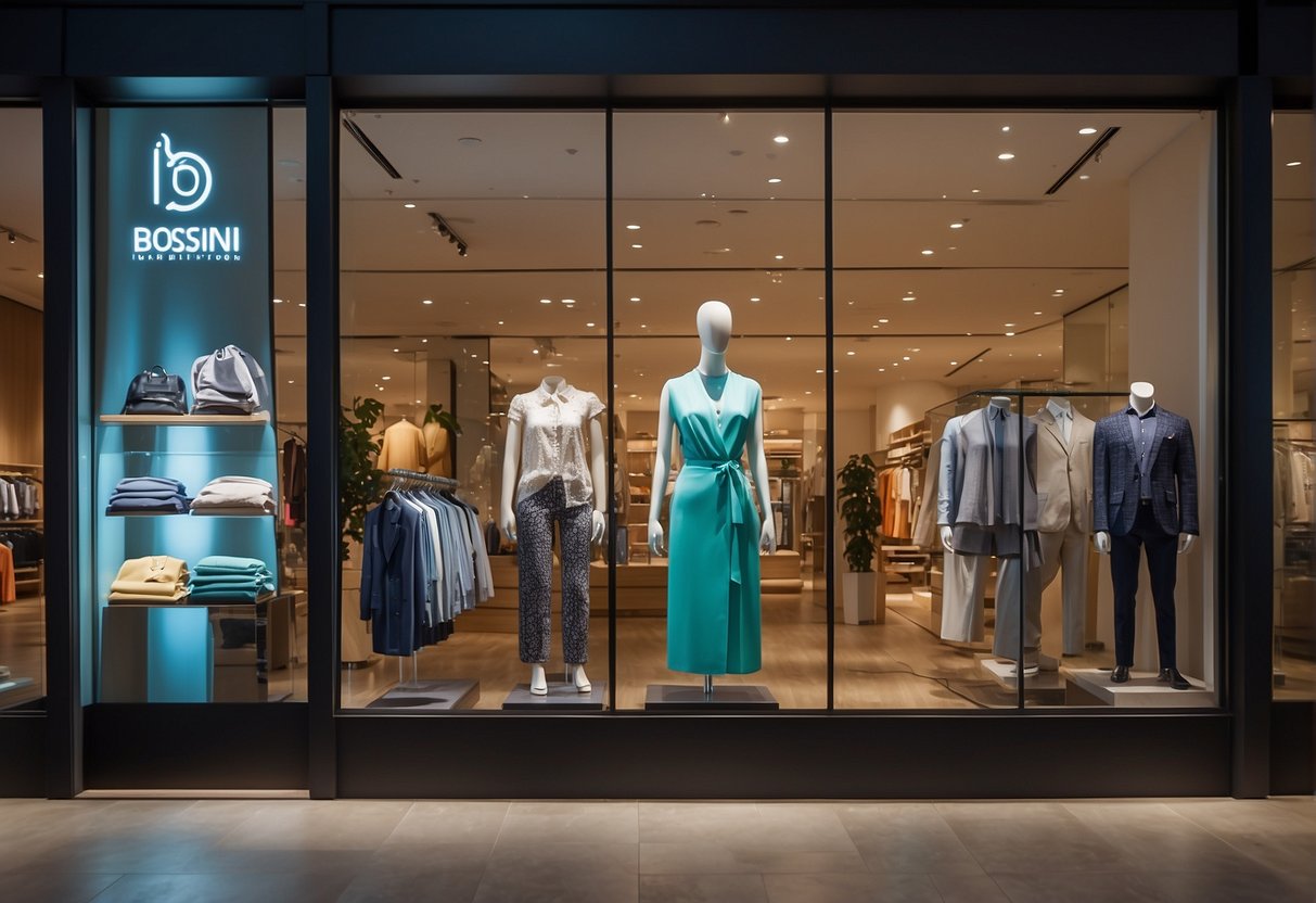 Brightly lit store with colorful displays of Bossini clothing. Promotional signs and banners highlight the latest deals