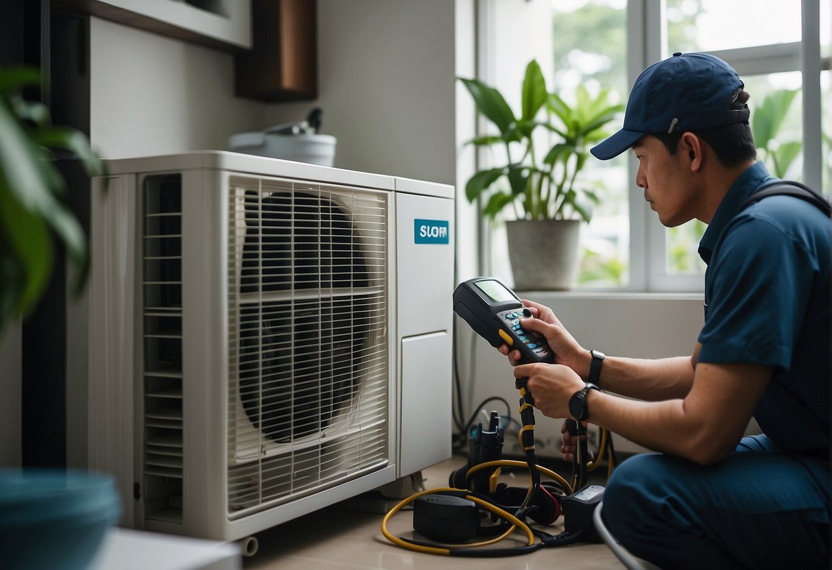 A technician servicing an air conditioner in a Singaporean home, surrounded by promotional materials and tools
