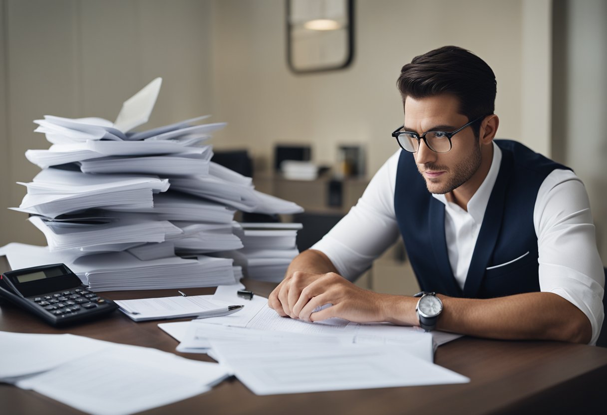 A person sitting at a table with paperwork, phone, and calculator. A serious expression on their face as they negotiate with creditors