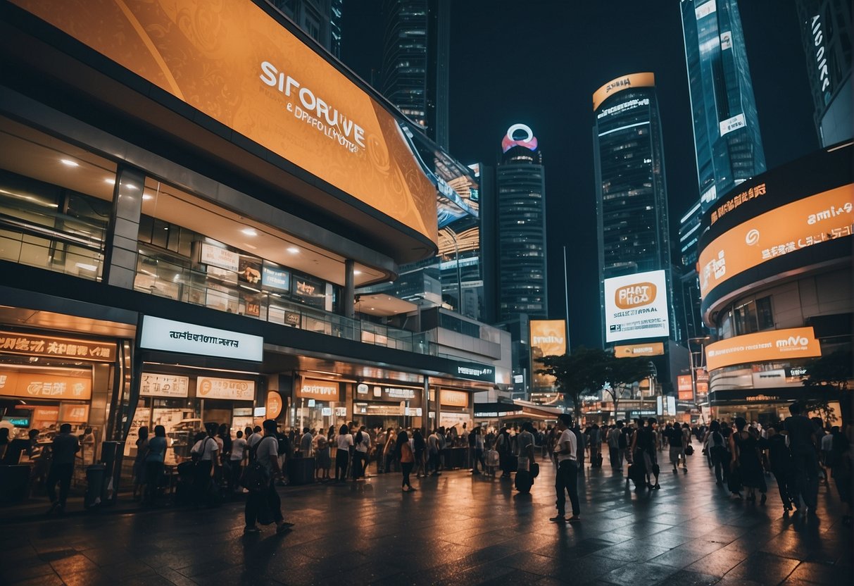 A vibrant cityscape with towering buildings and bustling streets, featuring prominent "Exclusive Brands atlas promotions singapore" signage