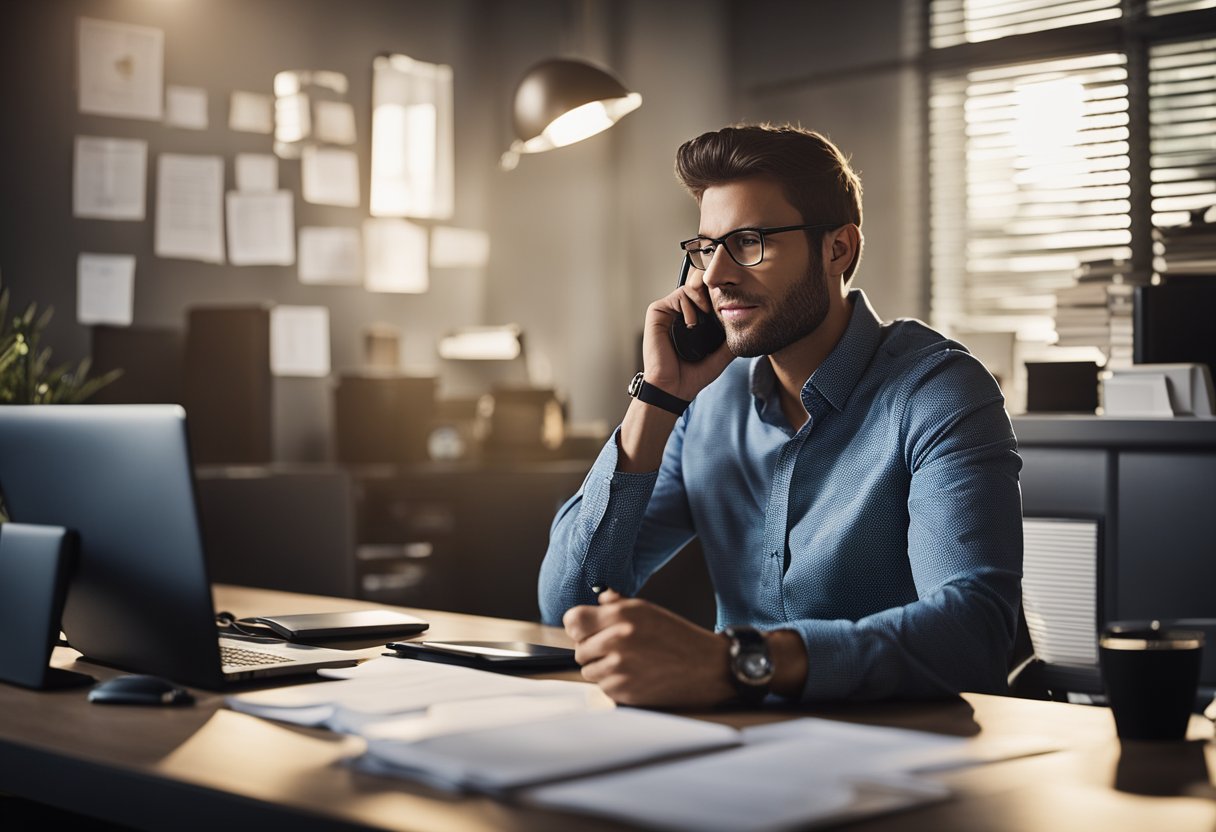 A person sitting at a desk, surrounded by paperwork and a computer, making phone calls and writing emails to negotiate debt with creditors