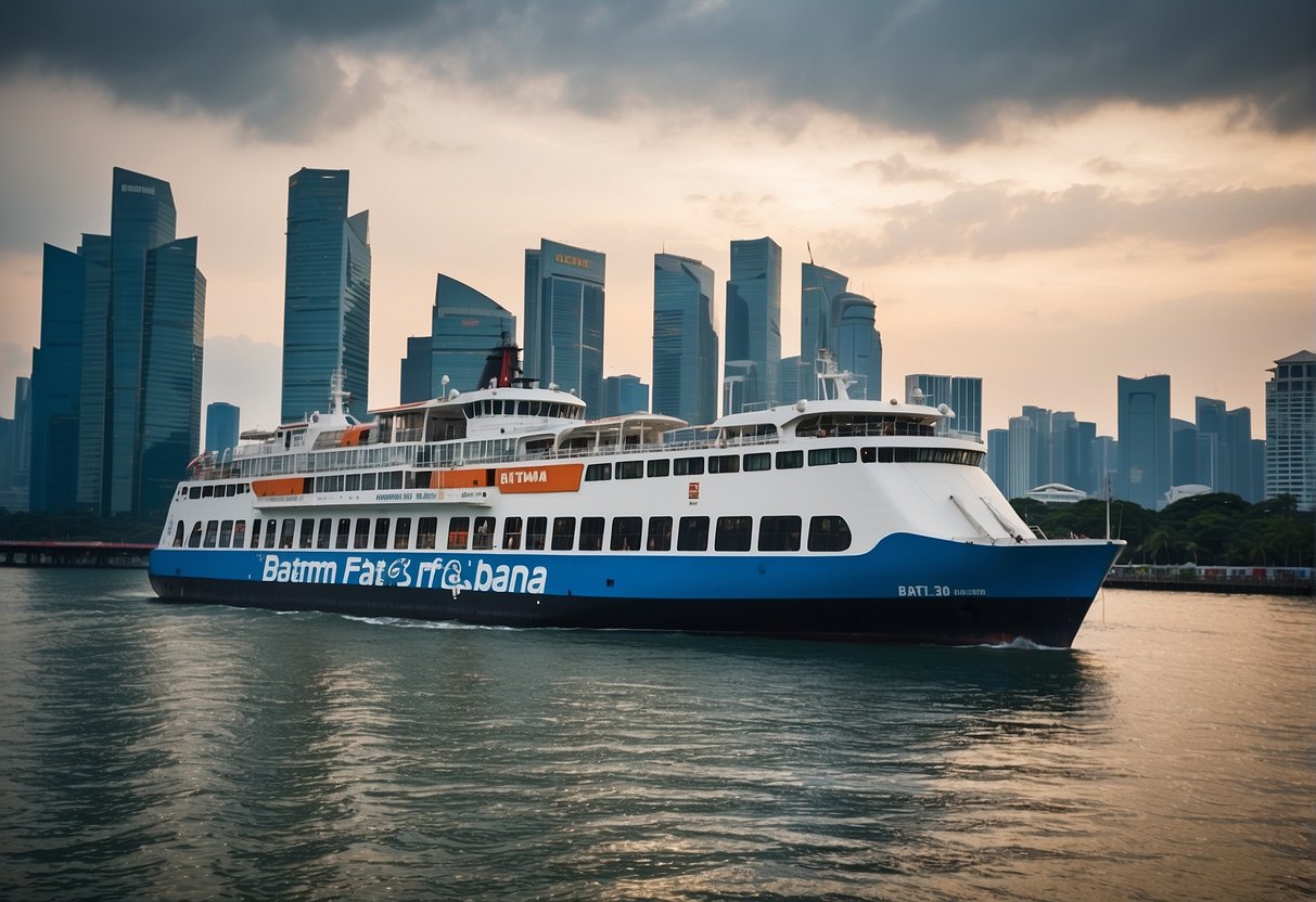 A ferry with "Batam Fast" logo sails past Singapore skyline with promotional banners displayed on board