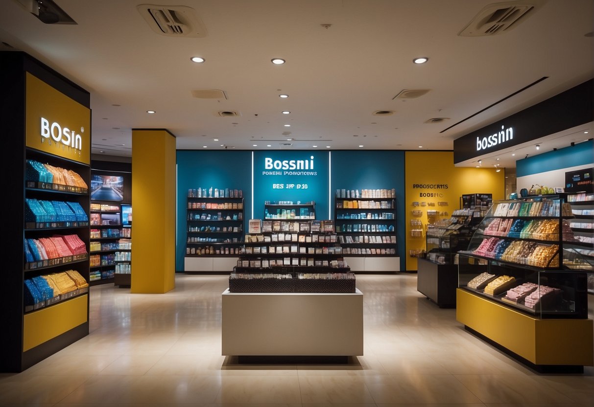 A colorful display of bossini promotions in a Singapore shop