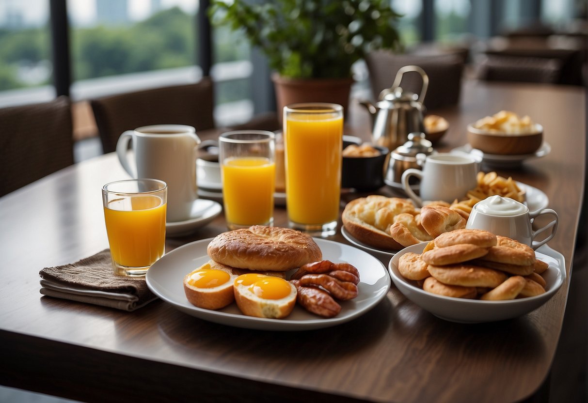 A table set with a variety of breakfast items, accompanied by a sign promoting Frequently Asked Questions breakfast promotions in Singapore