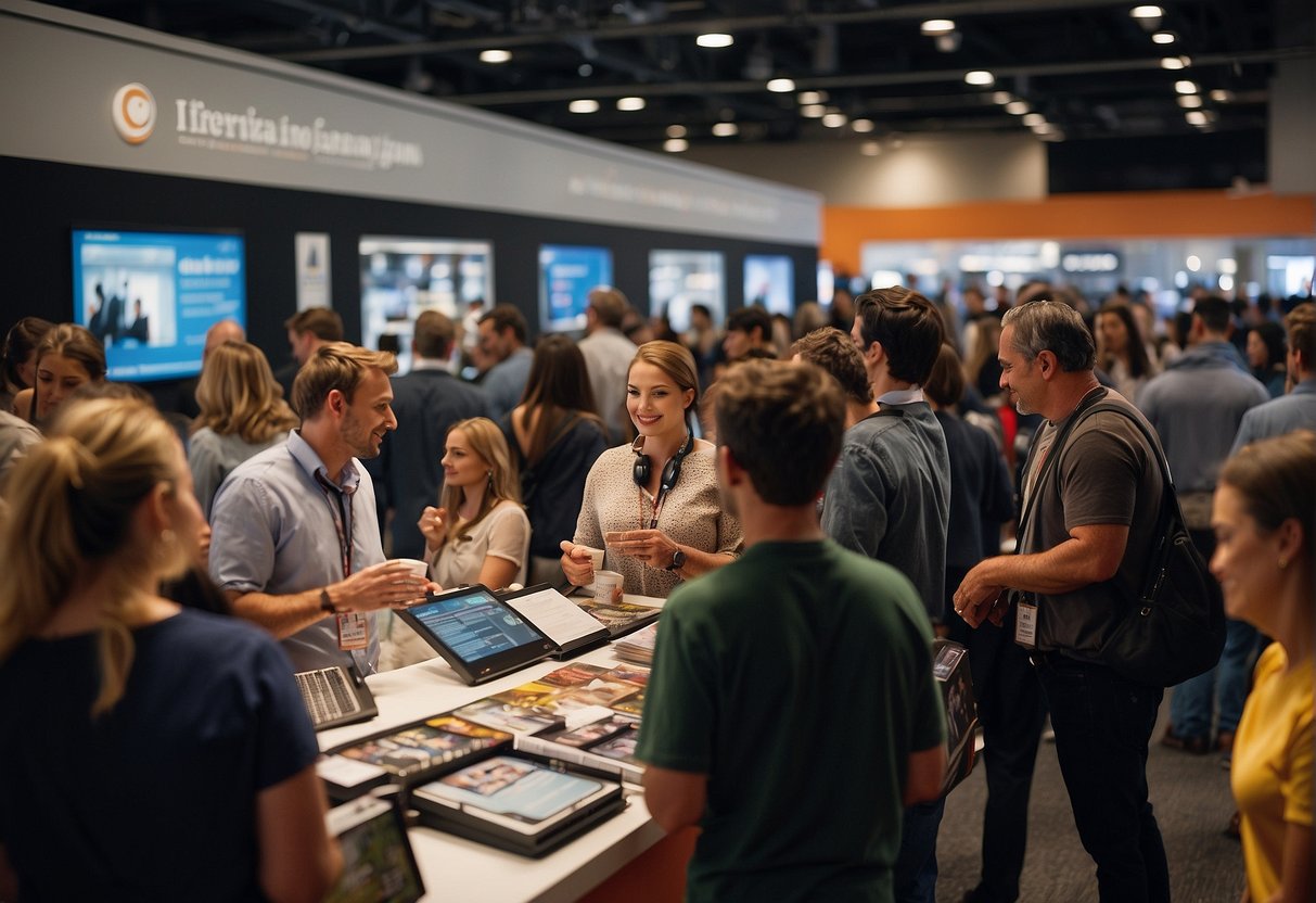 A bustling event with people engaging in conversations, browsing promotional materials, and seeking information at the Frequently Asked Questions booth