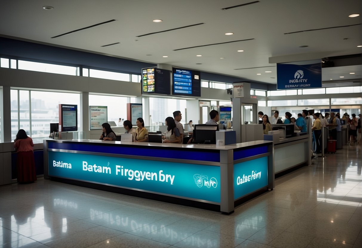 A busy ticket counter with a "Frequently Asked Questions" sign, people in line, and a promotional banner for Batam Fast ferry service to Singapore