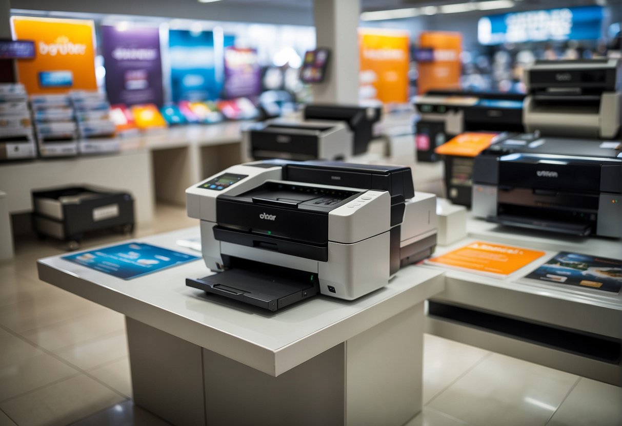 A colorful display of Brother printer models with promotional banners in a well-lit Singaporean electronics store