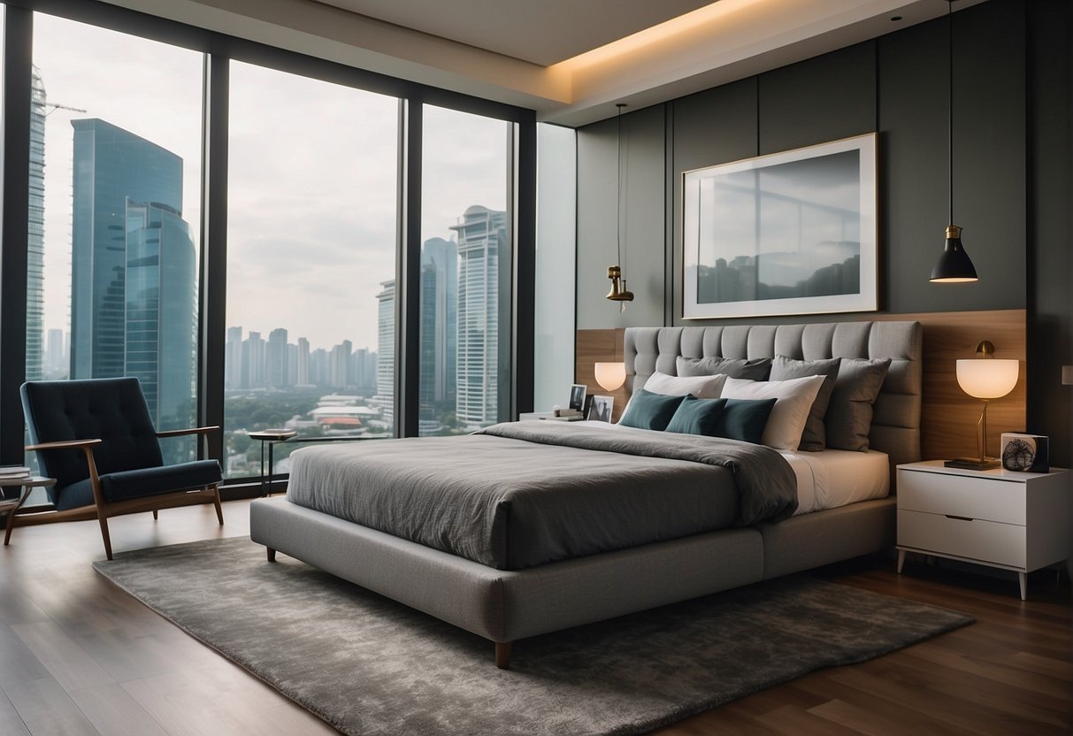 A bedroom with modern furniture, soft lighting, and promotional banners in Singapore