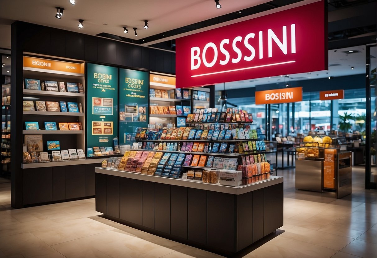 A colorful display of bossini promotions in Singapore, with eye-catching signage and attractive merchandise