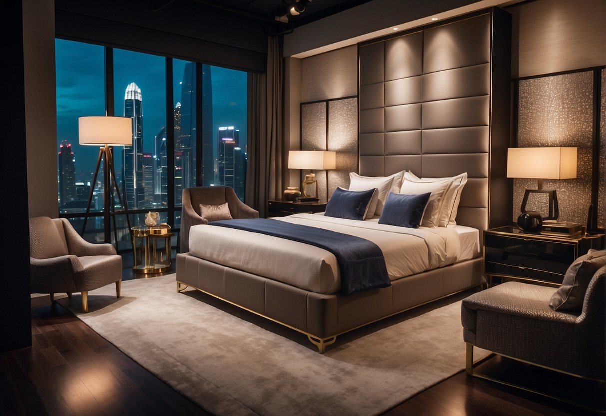 A bedroom with luxurious furniture on sale, bright lights, and bold promotional signs in a bustling Singapore showroom