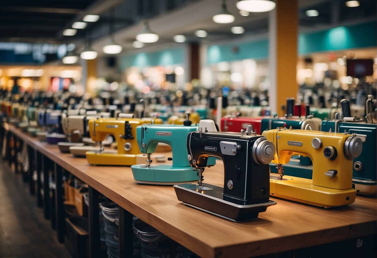 A bustling showroom with rows of vibrant sewing machines, adorned with promotional banners and signs, attracting eager customers in Singapore