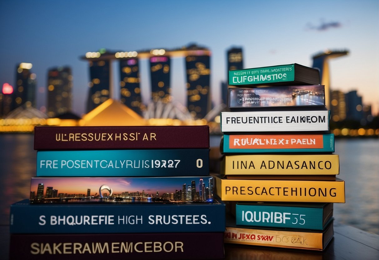 A stack of promotional materials with "Frequently Asked Questions" text, surrounded by Singaporean landmarks