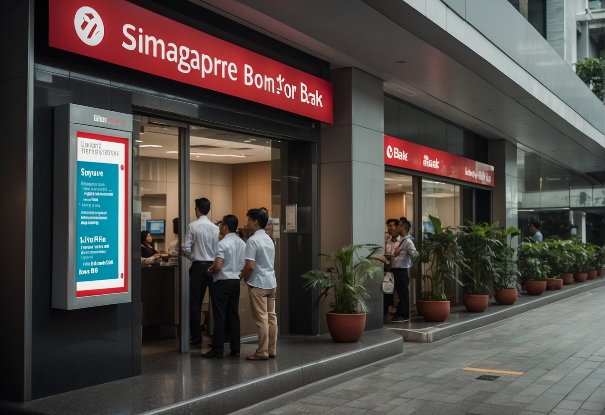A bustling Singapore bank adorned with promotional banners and signs. Customers line up at teller windows, while staff assist with inquiries