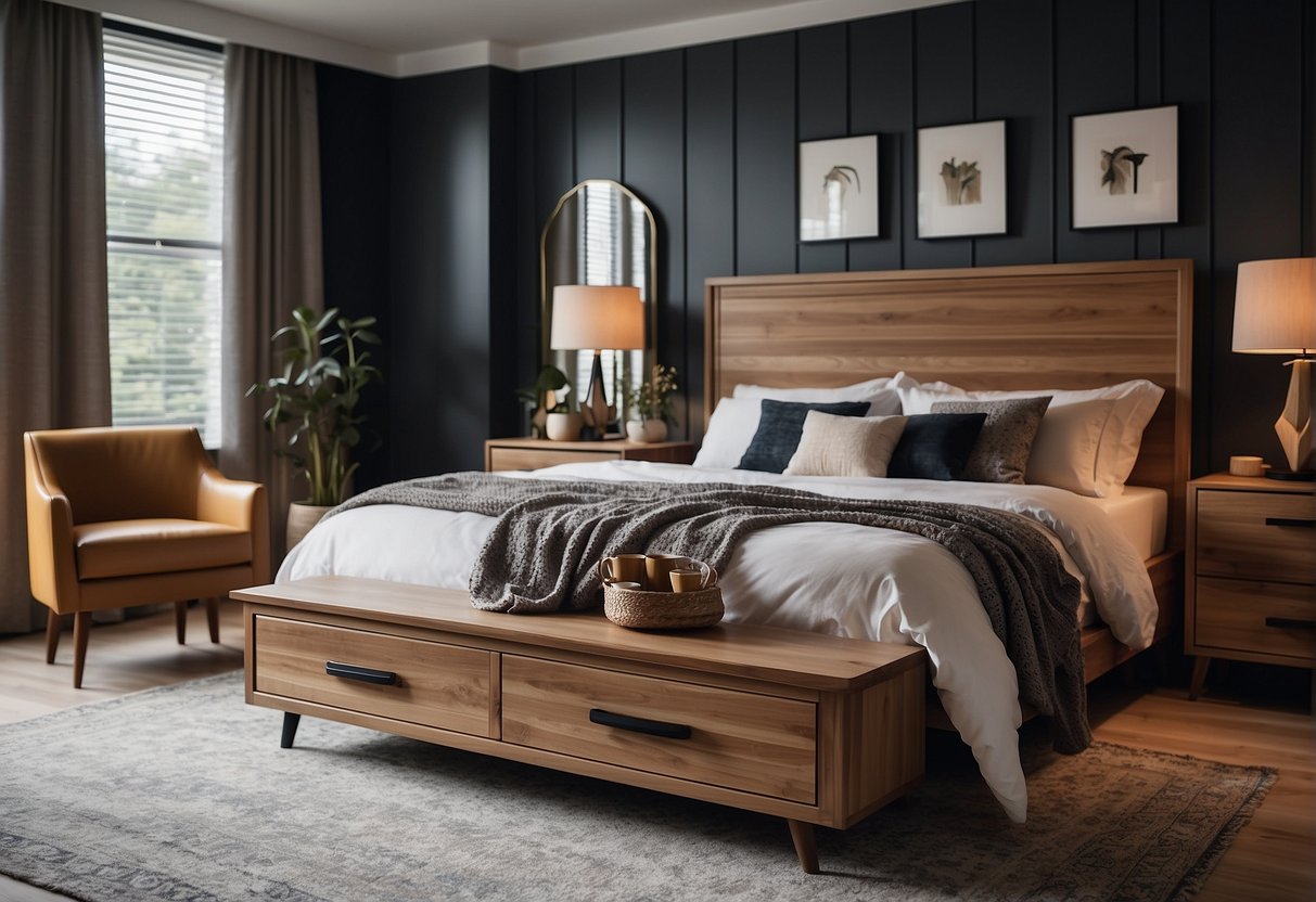 A cozy bedroom with a complete furniture set, including a bed, nightstands, and a dresser. The room is well-lit and inviting, with warm and modern decor