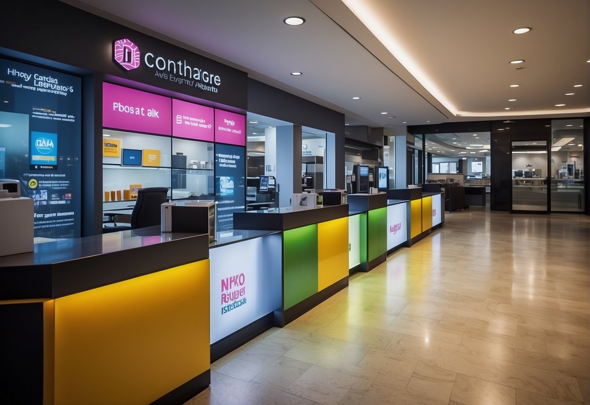 A vibrant and modern bank branch with promotional banners and signs displayed prominently. Customers are engaged with staff and exploring various promotional offers