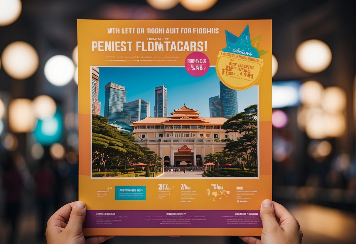 A colorful flyer with "Latest Promotions for Families" displayed prominently, surrounded by images of family-friendly activities and attractions in Singapore