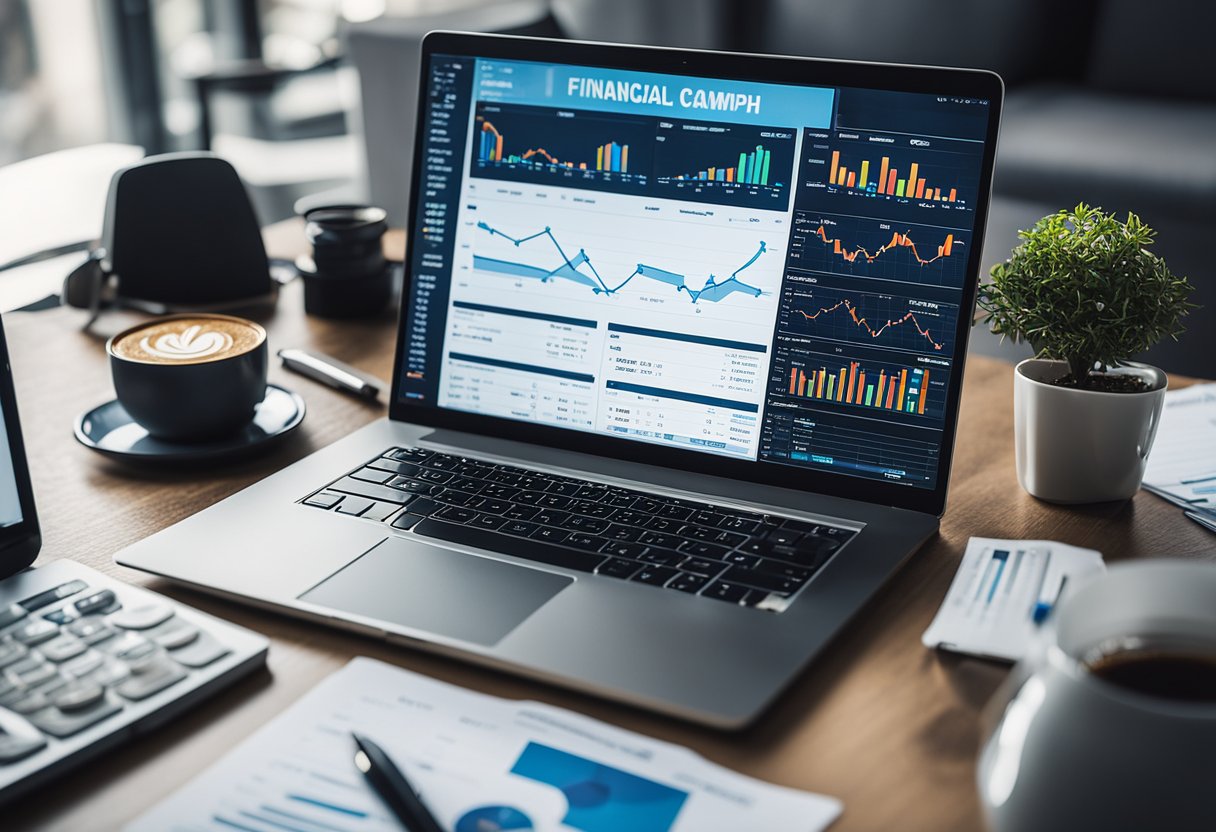 A laptop displaying financial charts and graphs, surrounded by digital marketing tools like social media icons and email campaigns