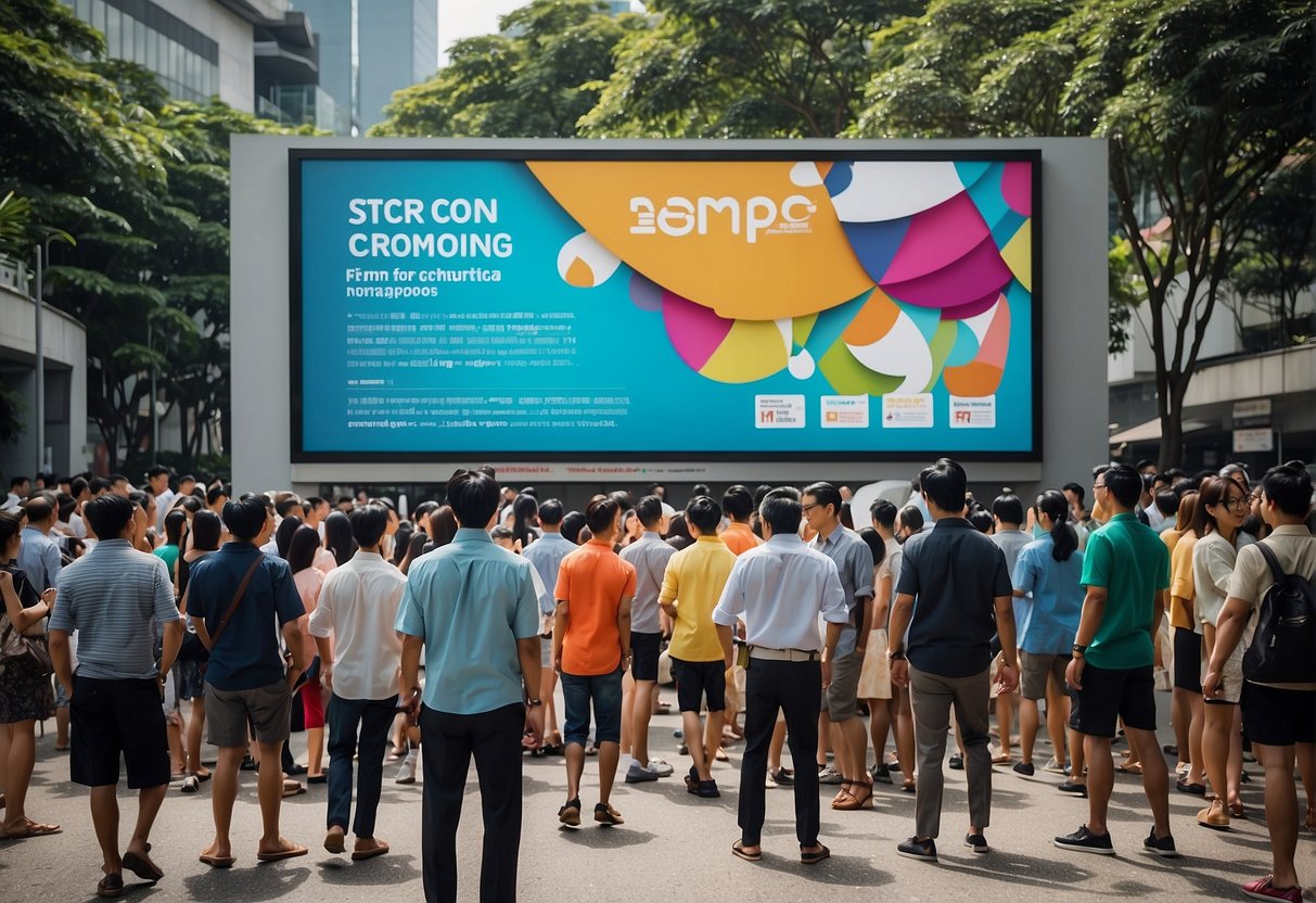 A crowd gathers around a large billboard advertising aircon promotions in Singapore, with bright colors and bold text catching the attention of passersby