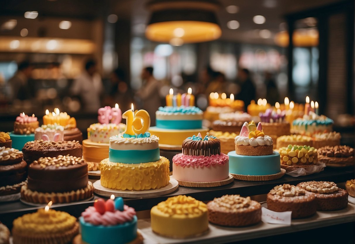 A colorful display of birthday cakes with promotional signs in a bustling Singapore bakery