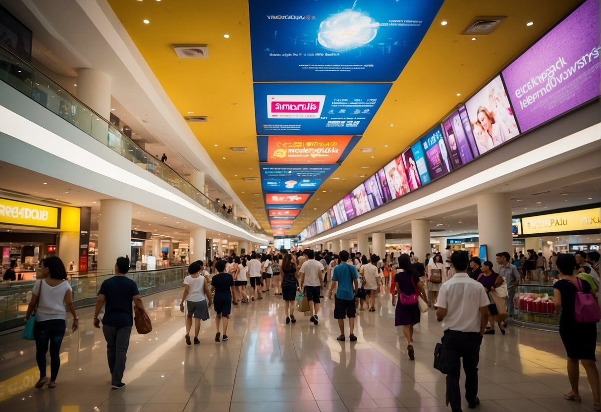 Colorful banners and signs display "Exciting Offers for Shopping Enthusiasts" at a busy mall in Singapore. Crowds of people eagerly browse through the latest promotions