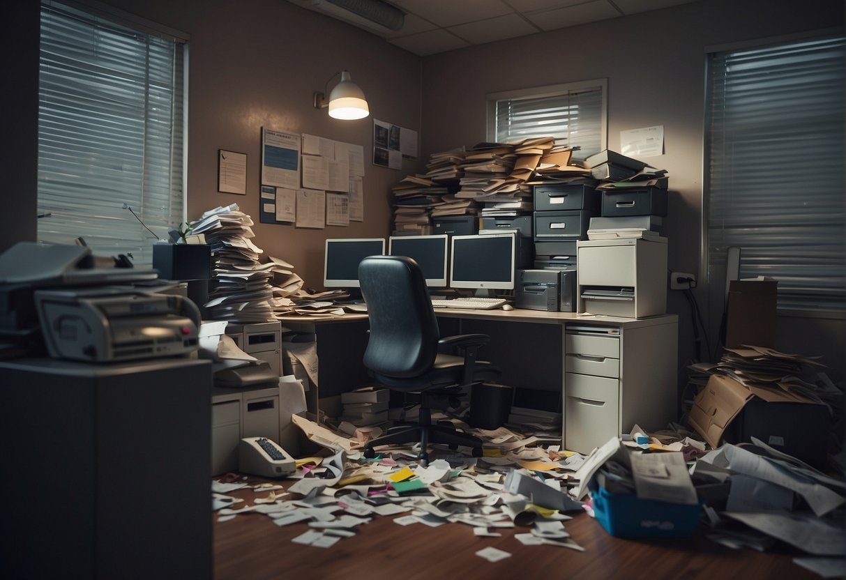 A cluttered office with a broken aircon unit and promotional materials scattered on the floor. The room is dimly lit with a sense of frustration and disarray