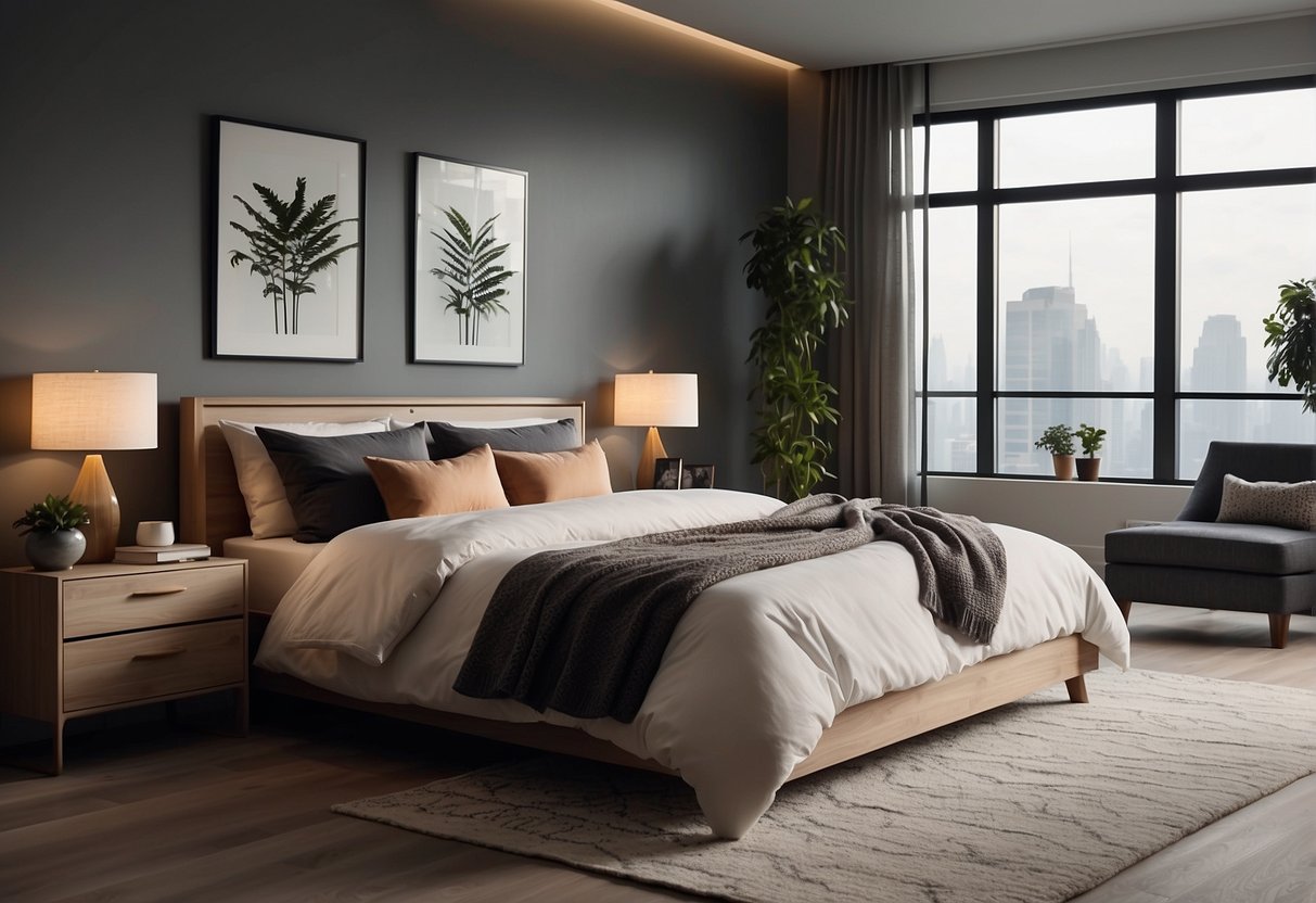 A cozy bedroom with a modern bed, sleek nightstands, and a stylish wardrobe. A promotional banner with "Frequently Asked Questions" is displayed prominently