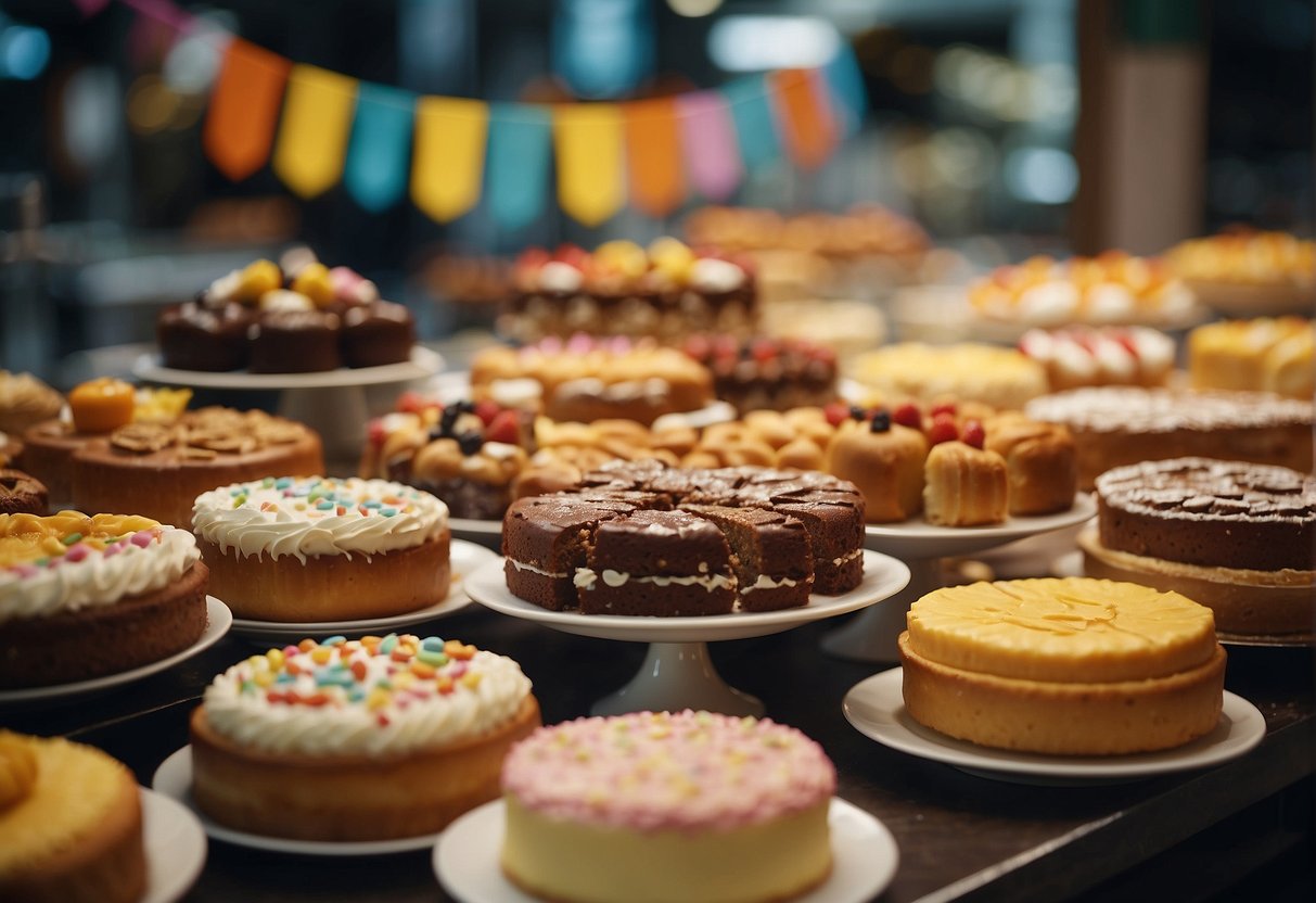 A table filled with assorted cakes, surrounded by colorful banners and promotional signs, in a bustling Singaporean bakery