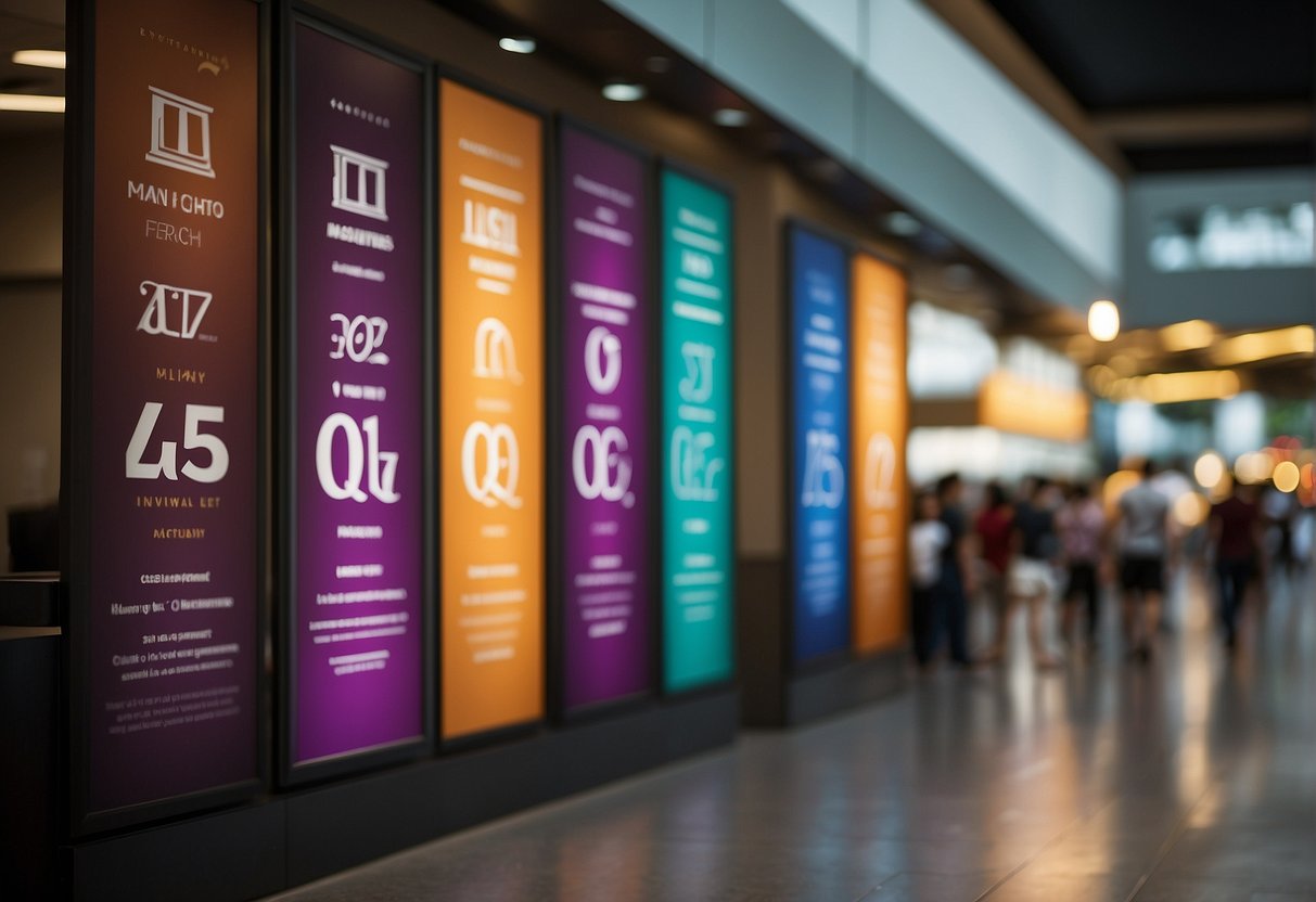 A vibrant display of "Frequently Asked Questions" banners and promotional materials in a bustling Singaporean setting
