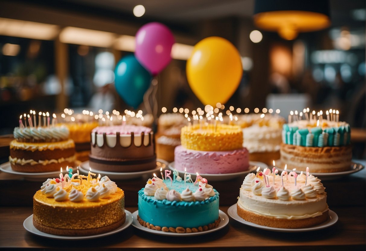 A colorful display of birthday cakes with promotional signs in a Singapore bakery