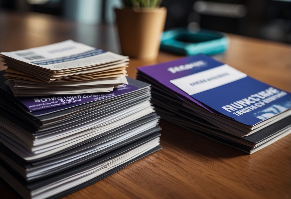 A stack of promotional brochures and flyers on a desk, with a banner displaying "Frequently Asked Questions" about bank promotions in Singapore