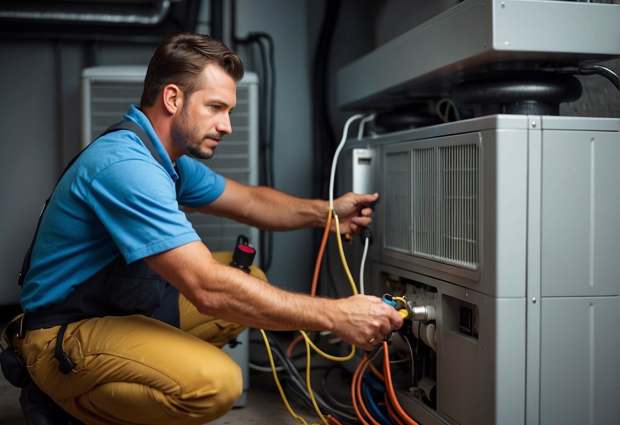 A professional technician carefully installs an air conditioning unit in a well-ventilated room, ensuring proper placement and secure connections
