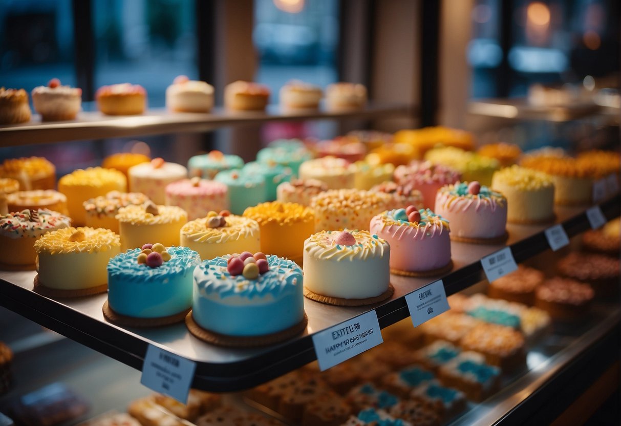 A colorful display of birthday cakes with "Exclusive Offers" signs in a bakery window