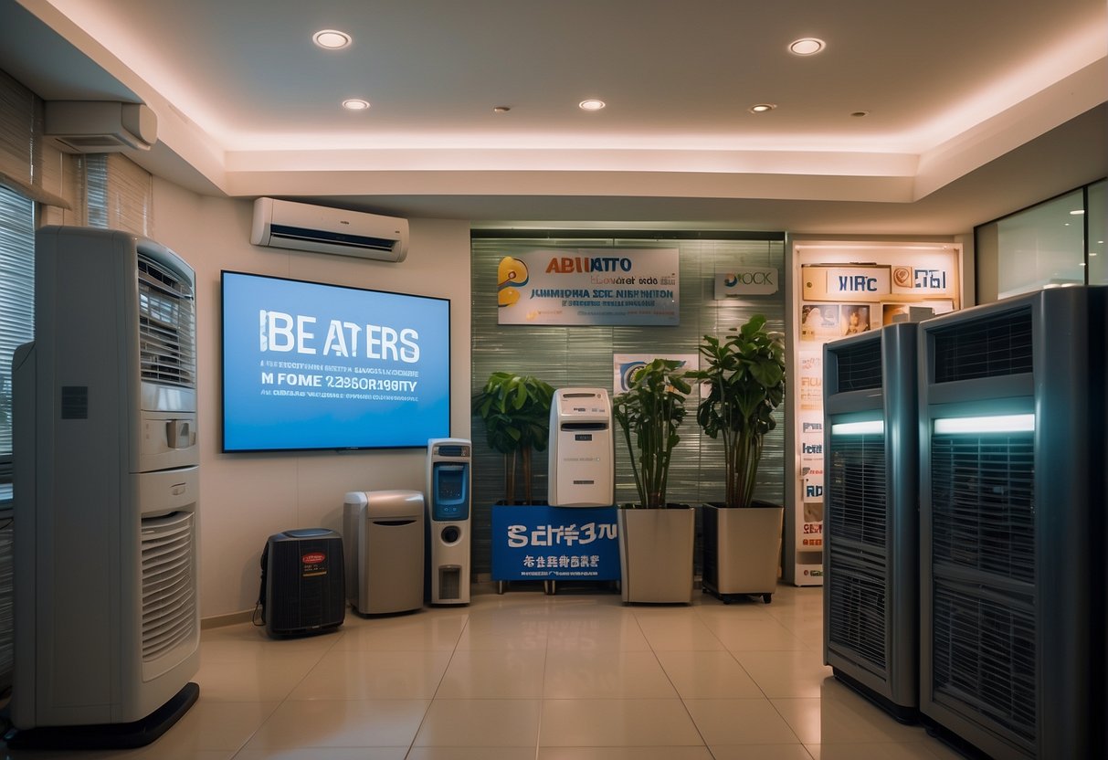 A brightly lit room with a modern air conditioning unit, surrounded by promotional banners and signs advertising aircon deals in Singapore