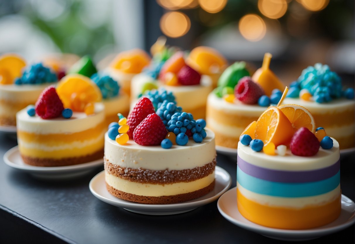 A colorful display of trendy cake flavors and designs, featuring vibrant decorations and enticing promotions for birthday cakes in Singapore