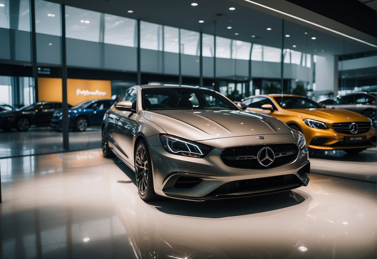 A car showroom in Singapore with bright lights, sleek vehicles on display, and promotional banners