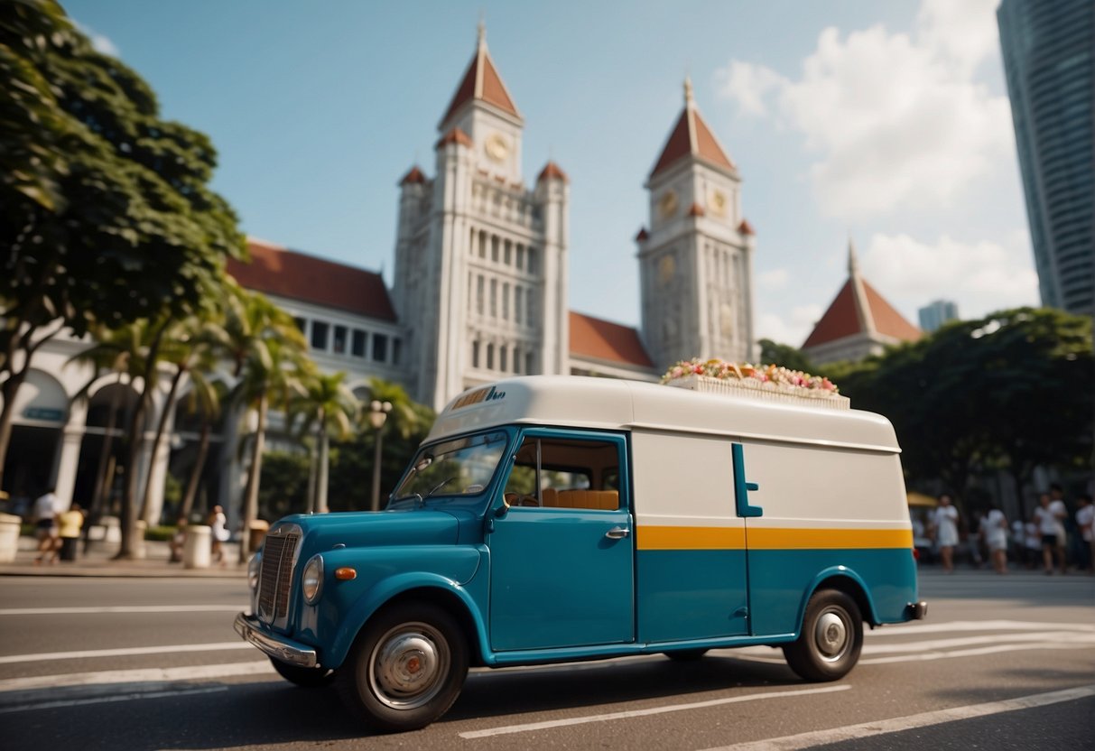 A delivery van drives through Singapore, passing iconic landmarks, while a cake box sits prominently in the foreground