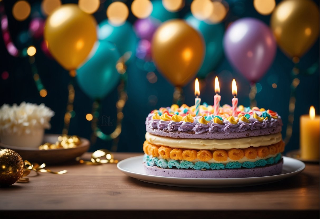 A colorful birthday cake surrounded by festive decorations and a banner advertising promotions in Singapore