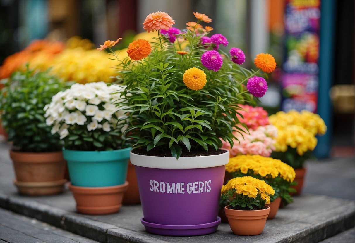 A colorful array of potted plants and flowers arranged in a vibrant display, with promotional signs and banners showcasing the beauty in a pot promotions in Singapore