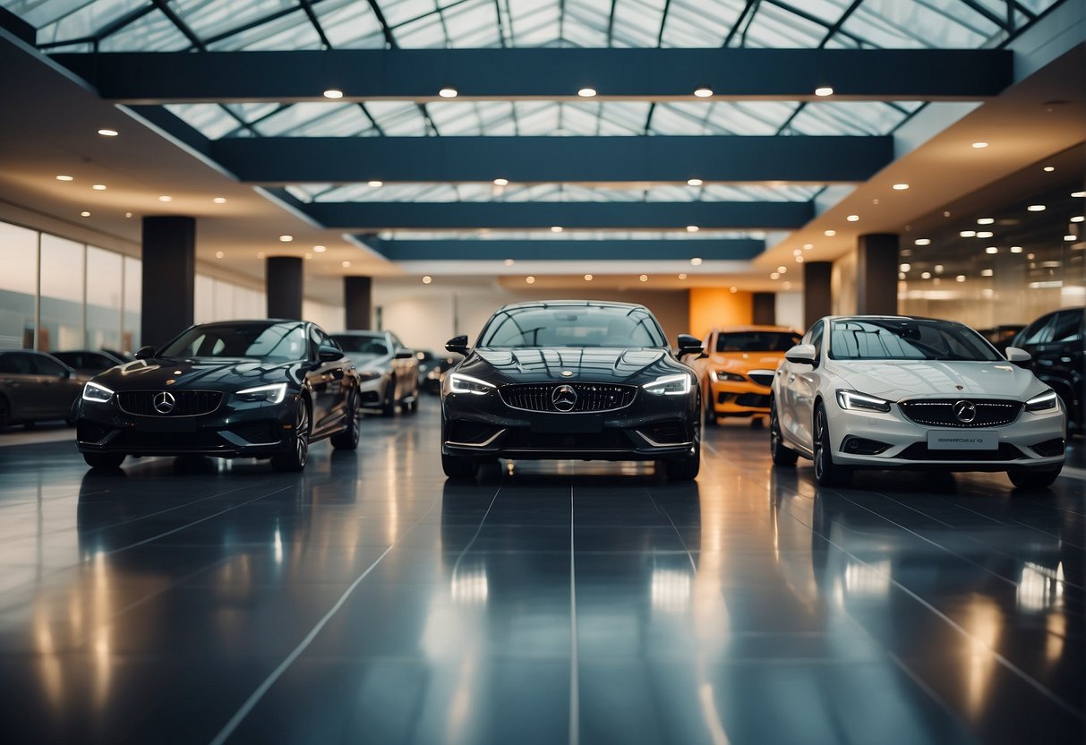 A sleek, modern car showroom with bright lights and shiny vehicles on display. Promotional banners and signs highlight the latest deals and offers