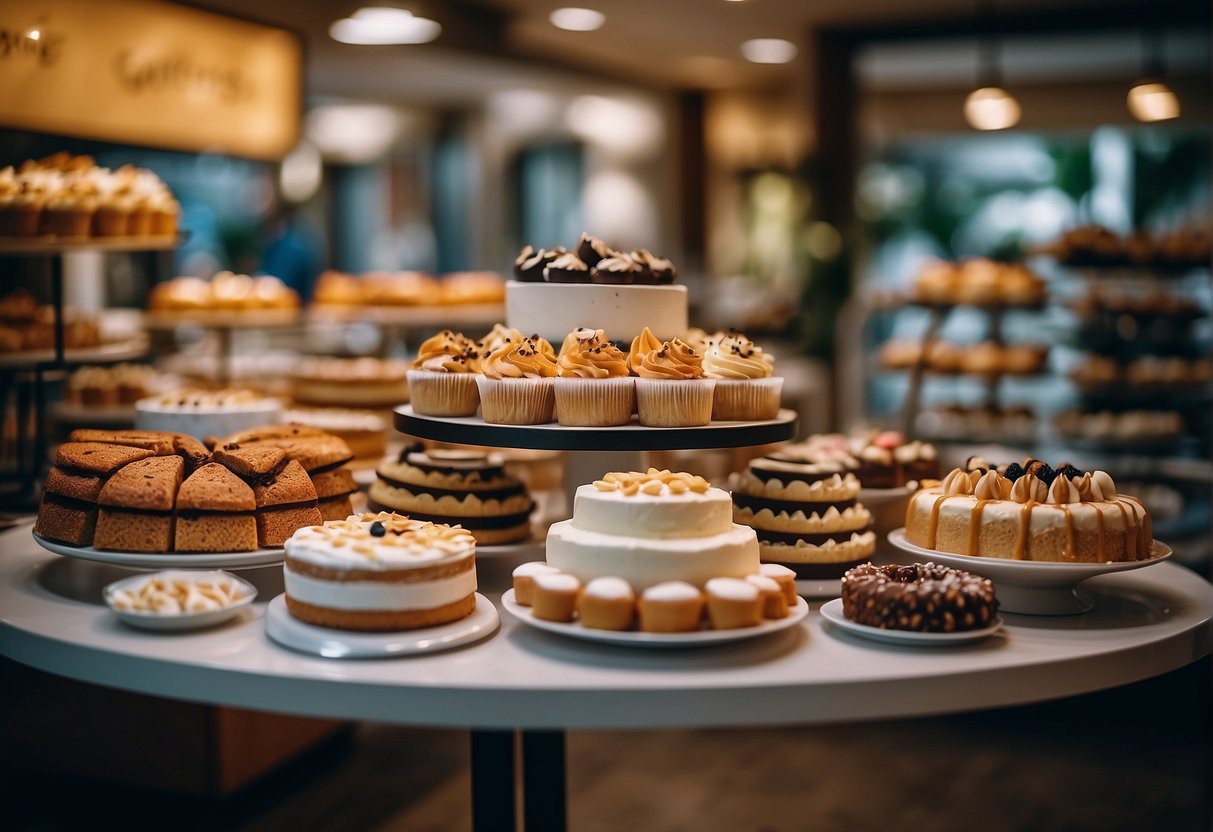 A table adorned with a variety of decadent cakes, surrounded by promotional signage, in a bustling Singapore bakery
