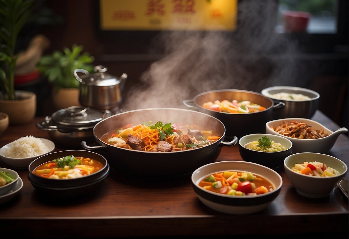 A table set with steaming hot pots and colorful ingredients, surrounded by promotional banners for dining at Beauty in the Pot in Singapore