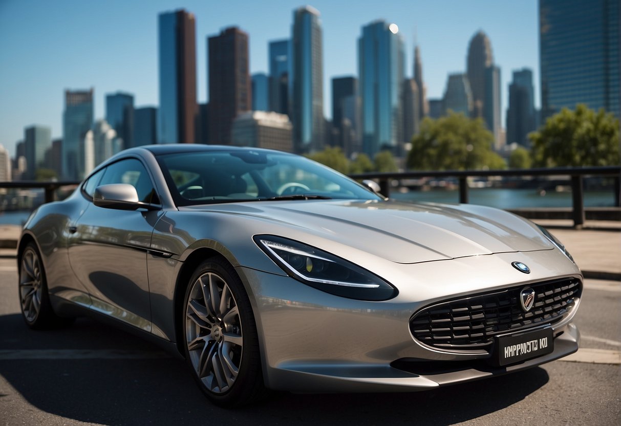 A sleek car parked in front of a vibrant city skyline, with bold text showcasing promotion details and benefits displayed on a nearby billboard