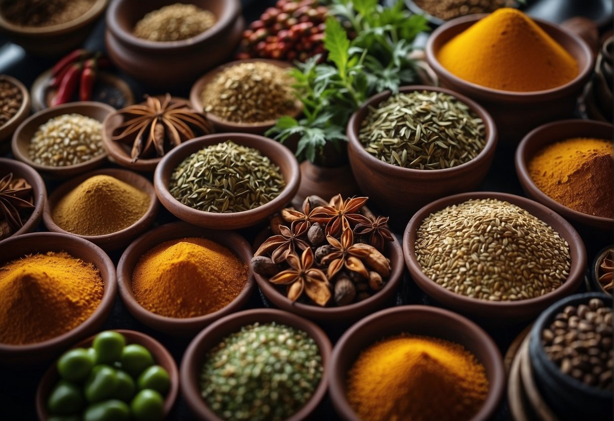 A colorful array of traditional Singaporean spices and herbs fill a decorative pot, showcasing the diverse and vibrant culinary culture of the city
