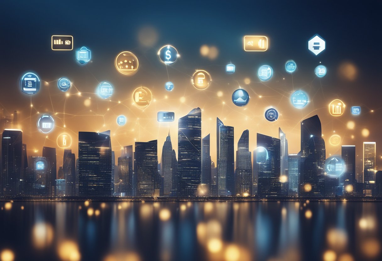 A futuristic city skyline with digital payment icons and symbols floating in the air, showcasing the potential for investment in digital payment technologies